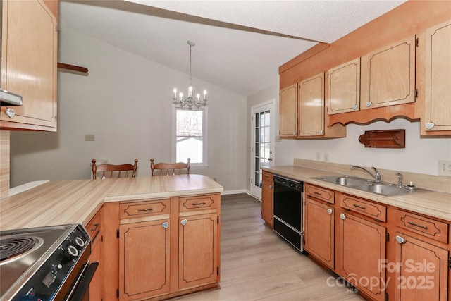 kitchen featuring black dishwasher, electric stove, decorative light fixtures, light countertops, and a sink