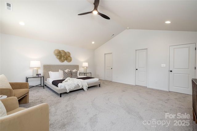 bedroom featuring baseboards, visible vents, ceiling fan, vaulted ceiling, and carpet flooring