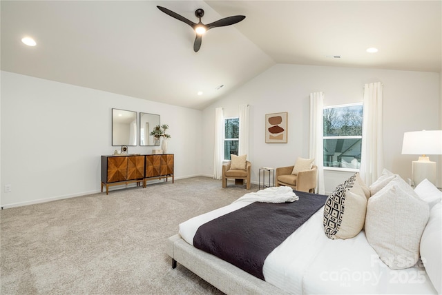 bedroom with carpet floors, baseboards, a ceiling fan, and lofted ceiling