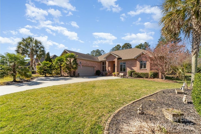 ranch-style home with concrete driveway, a front lawn, an attached garage, and brick siding