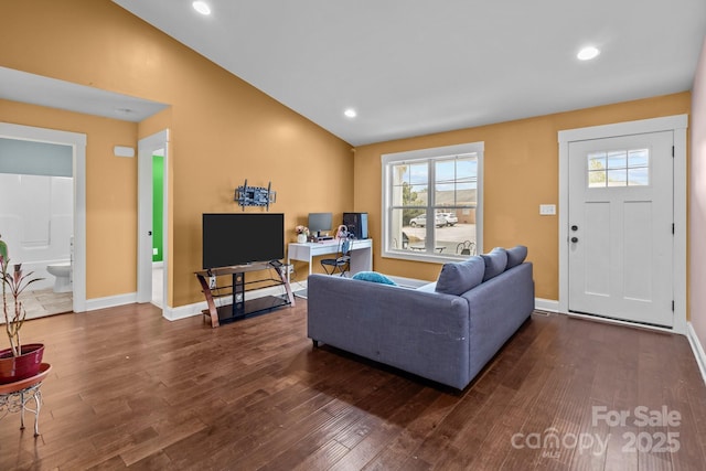 living area with lofted ceiling, baseboards, dark wood-style flooring, and recessed lighting