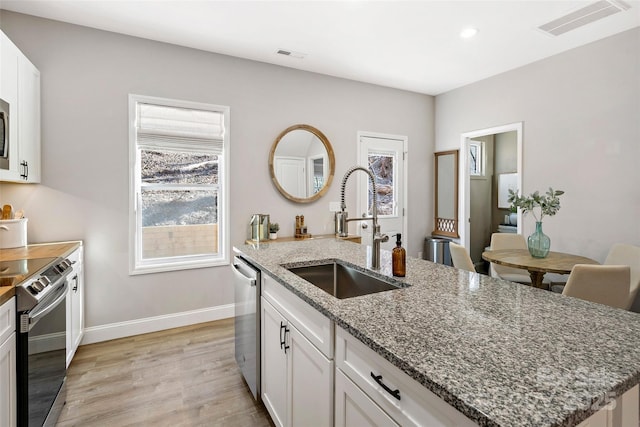 215 David Ridge Rd, Black Mountain, NC 28711 - kitchen featuring visible vents, an island with sink, appliances with stainless steel finishes, white cabinetry, and a sink