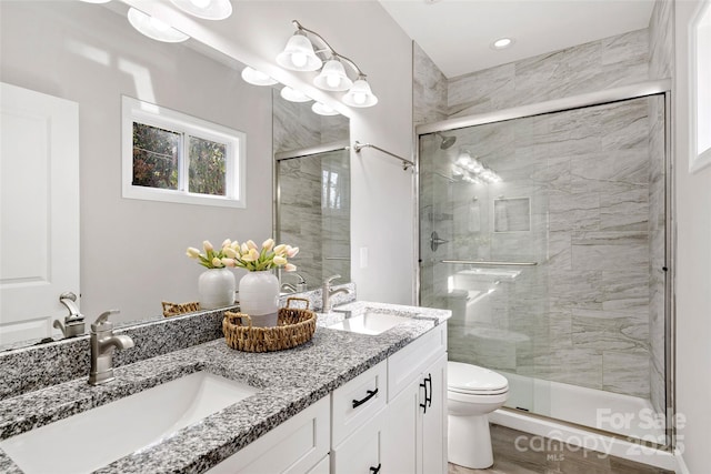 215 David Ridge Rd, Black Mountain, NC 28711 - bathroom featuring a stall shower, a sink, toilet, and double vanity