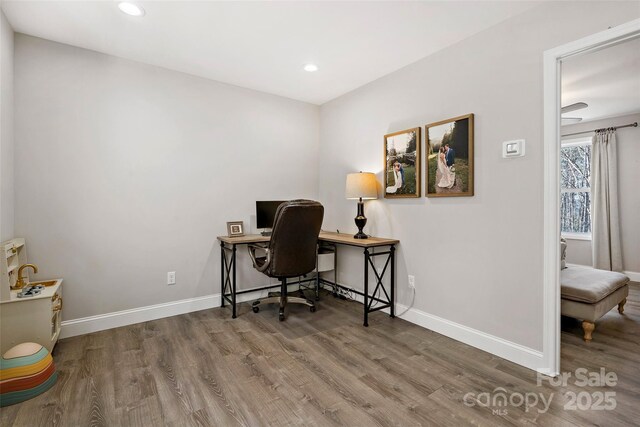 215 David Ridge Rd, Black Mountain, NC 28711 - office featuring baseboards, wood finished floors, and recessed lighting