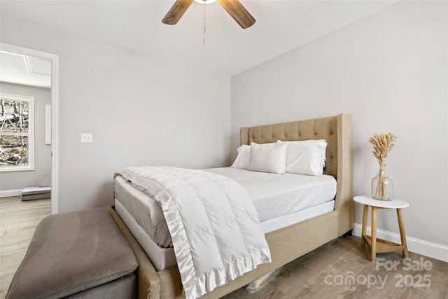 215 David Ridge Rd, Black Mountain, NC 28711 - bedroom featuring a ceiling fan, attic access, baseboards, and wood finished floors