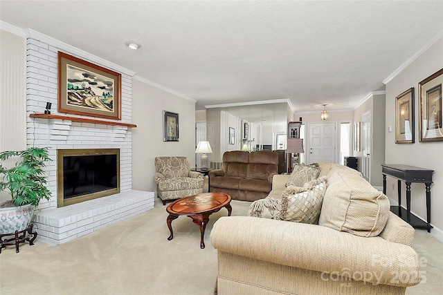 living area featuring a textured ceiling, carpet floors, and ornamental molding