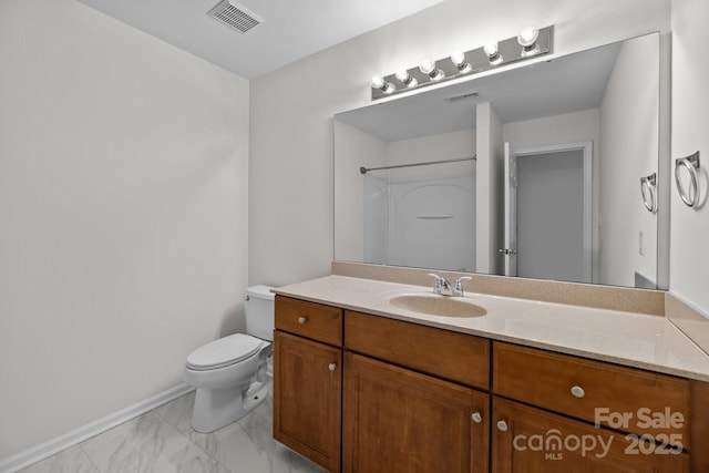 full bath featuring toilet, marble finish floor, vanity, and visible vents