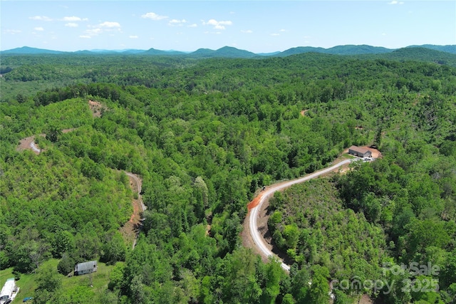 birds eye view of property featuring a forest view and a mountain view