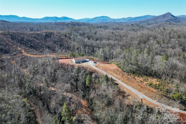 birds eye view of property with a mountain view and a view of trees