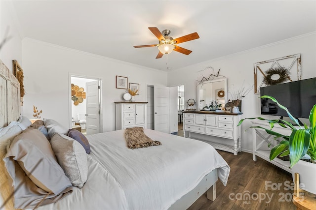 bedroom with ceiling fan, ensuite bathroom, dark wood finished floors, and crown molding