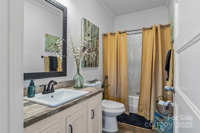 full bathroom with shower / tub combo with curtain, toilet, ornamental molding, vanity, and wood finished floors