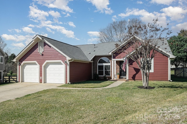 ranch-style home featuring brick siding, concrete driveway, fence, a garage, and a front lawn