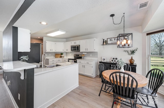 kitchen featuring visible vents, white cabinets, appliances with stainless steel finishes, a peninsula, and a sink