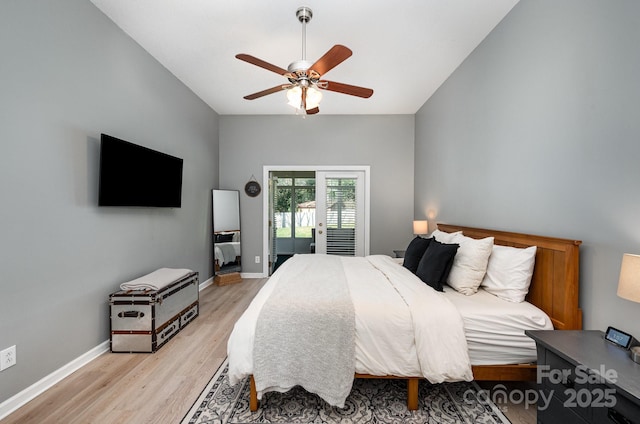 bedroom with baseboards, ceiling fan, access to exterior, and light wood-style floors