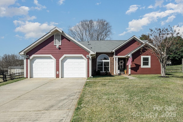 single story home with a garage, concrete driveway, fence, and a front lawn