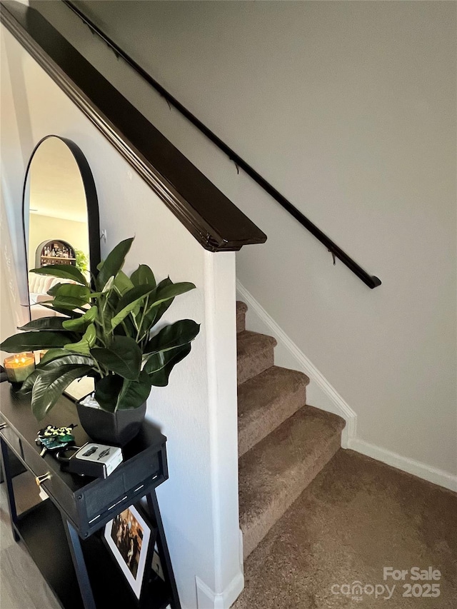 stairs featuring carpet and baseboards