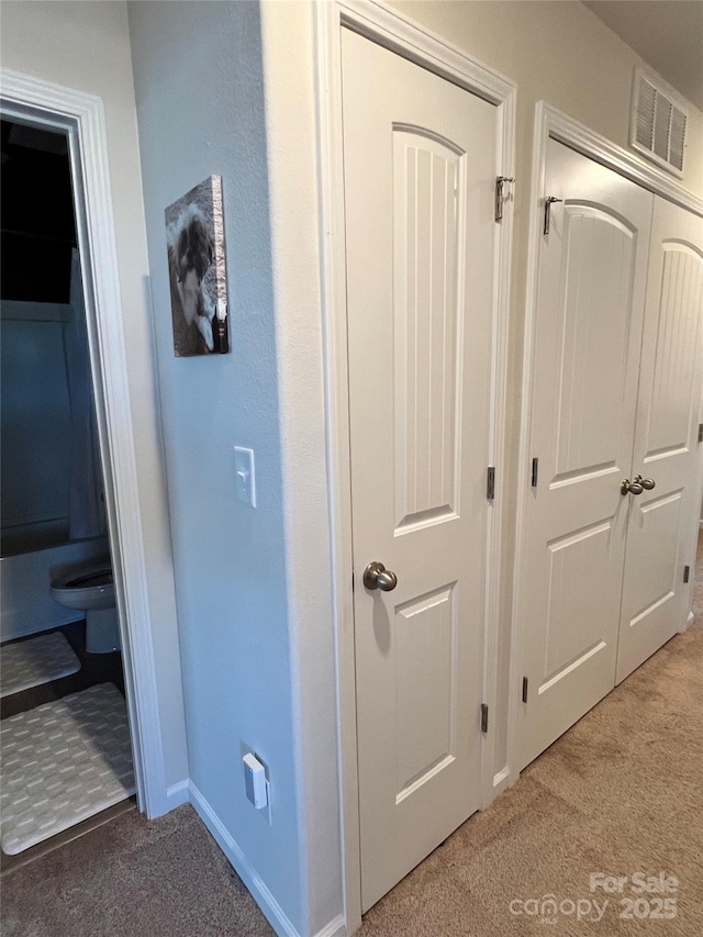 interior details featuring baseboards, visible vents, and carpet flooring