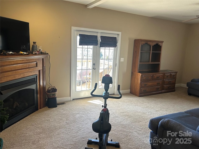 337 Knollwood Dr, Forest City, NC 28043 - exercise room featuring baseboards, a fireplace, and light colored carpet