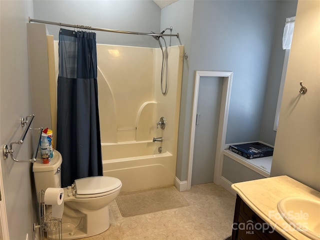 337 Knollwood Dr, Forest City, NC 28043 - bathroom with toilet, tile patterned floors, vanity, and shower / bathtub combination with curtain
