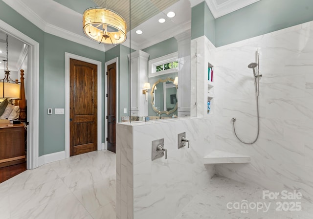 bathroom with recessed lighting, baseboards, marble finish floor, ornamental molding, and a marble finish shower