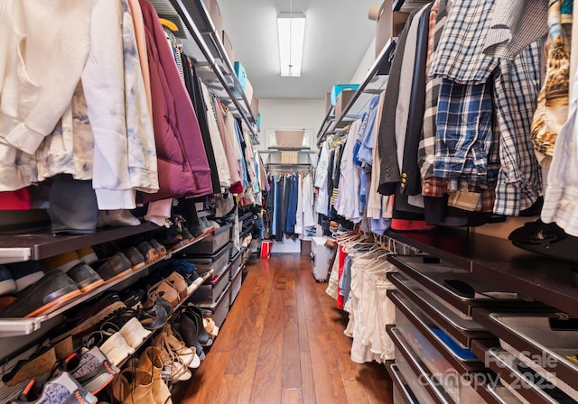 spacious closet with dark wood finished floors