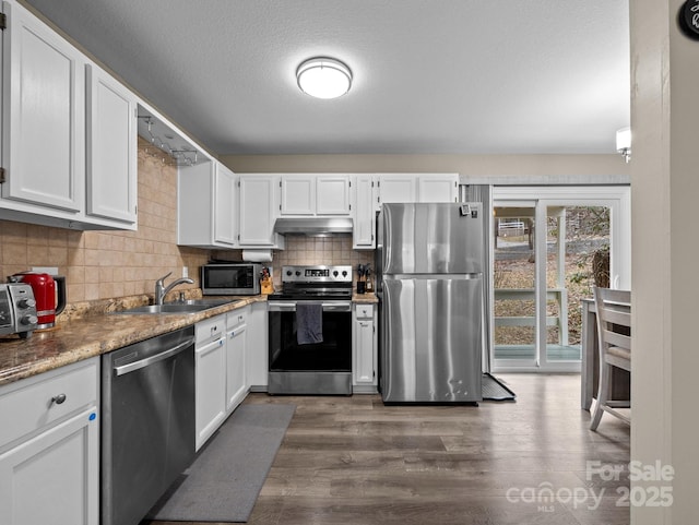 kitchen with a sink, under cabinet range hood, backsplash, dark wood-style floors, and stainless steel appliances