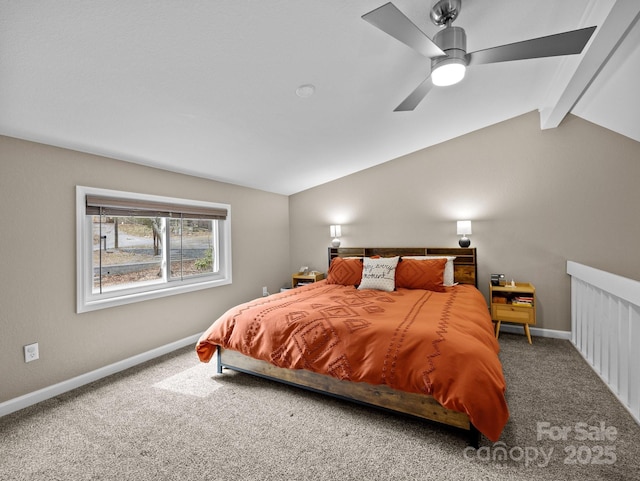 carpeted bedroom with ceiling fan, lofted ceiling with beams, and baseboards