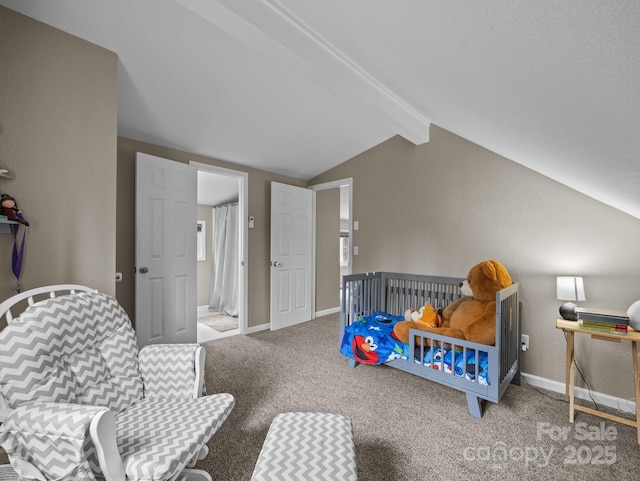 carpeted bedroom with vaulted ceiling with beams and baseboards