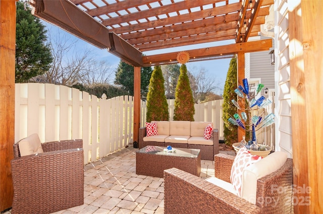 view of patio / terrace with a fenced backyard, outdoor lounge area, and a pergola