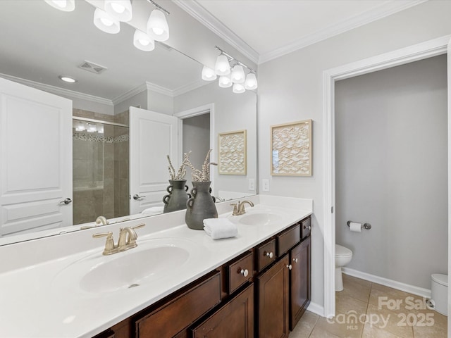 full bath with toilet, a shower stall, visible vents, and a sink