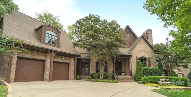 view of front of house with concrete driveway, a shingled roof, an attached garage, and brick siding