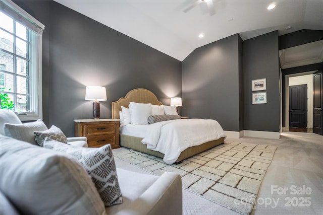 bedroom featuring lofted ceiling, light carpet, baseboards, and recessed lighting