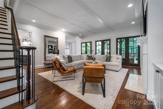 living area with dark wood-style floors, stairway, recessed lighting, and crown molding