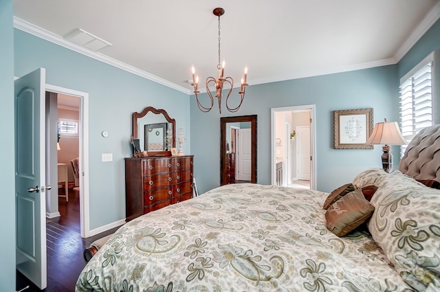 bedroom featuring visible vents, a notable chandelier, wood finished floors, crown molding, and baseboards