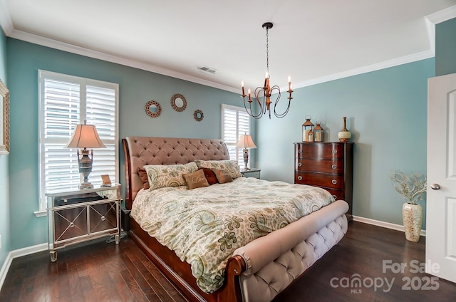 bedroom with visible vents, crown molding, baseboards, a chandelier, and dark wood-style floors