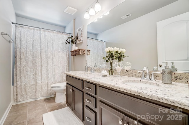 full bathroom with tile patterned flooring, toilet, visible vents, and a sink