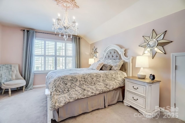 bedroom with a notable chandelier, light colored carpet, baseboards, and vaulted ceiling