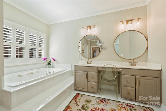 full bathroom with double vanity, a sink, a bath, and crown molding