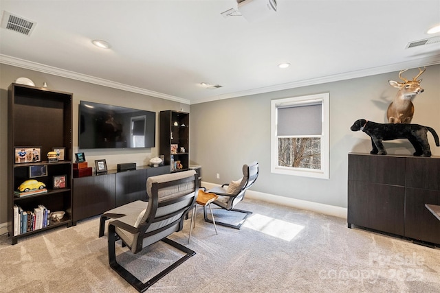 interior space with baseboards, visible vents, carpet flooring, and ornamental molding