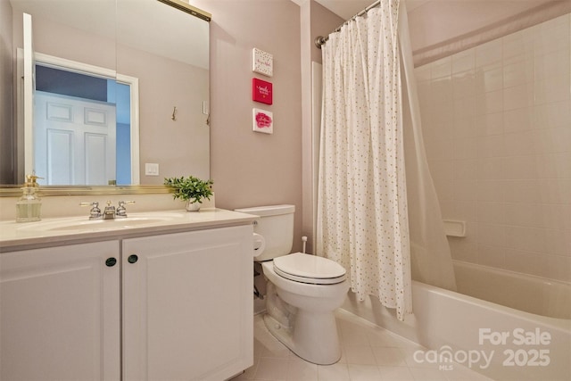 bathroom with toilet, tile patterned floors, shower / bathtub combination with curtain, and vanity