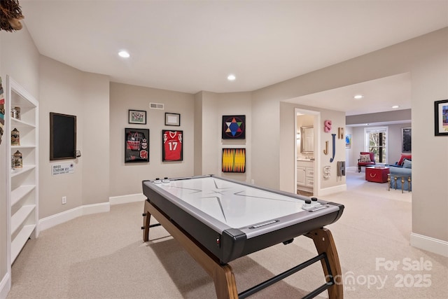 playroom with recessed lighting, visible vents, and light carpet