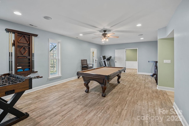 rec room with recessed lighting, pool table, visible vents, baseboards, and light wood-style floors