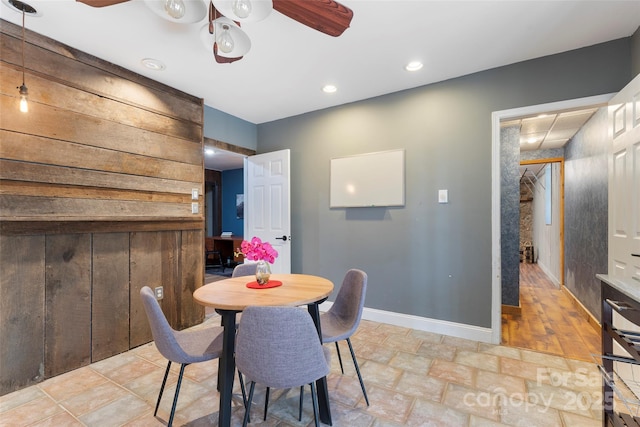 dining space with recessed lighting, a ceiling fan, and baseboards