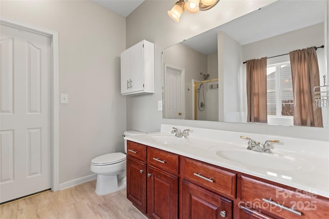 bathroom with a shower stall, toilet, double vanity, and a sink