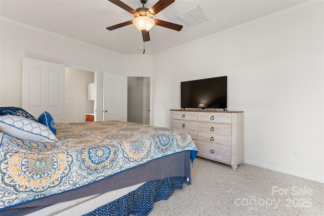 carpeted bedroom with baseboards, ceiling fan, and crown molding