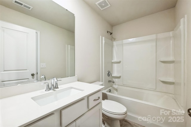 full bath featuring visible vents, shower / bathing tub combination, vanity, and toilet