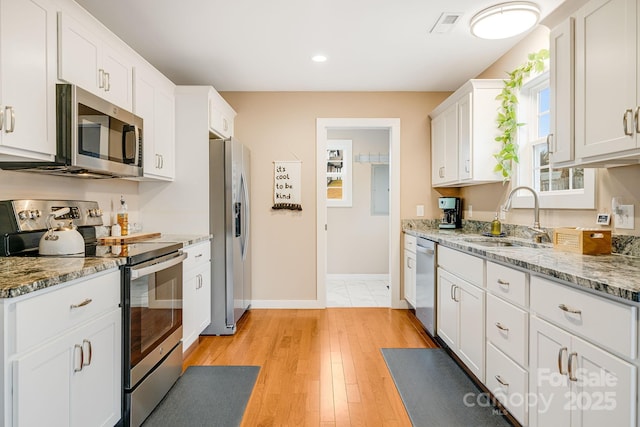 kitchen with stainless steel appliances, white cabinets, a sink, and visible vents