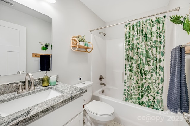 bathroom featuring toilet, visible vents, shower / tub combo with curtain, and vanity