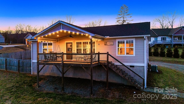 back of house with ceiling fan, stairway, cooling unit, and a wooden deck