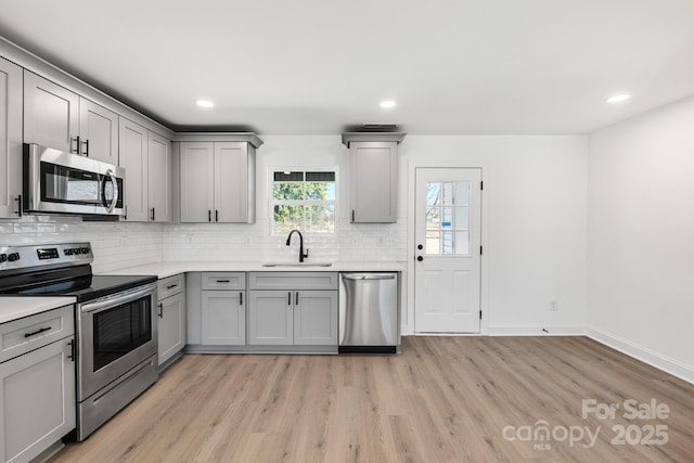 kitchen featuring tasteful backsplash, stainless steel appliances, light countertops, gray cabinetry, and a sink